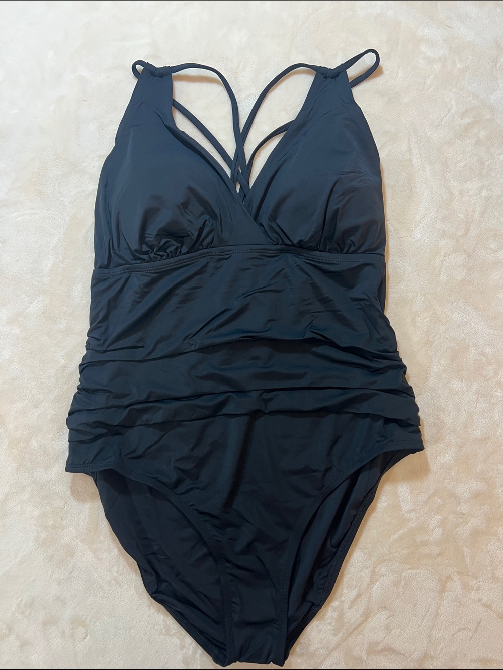 Jantzen Black One-Piece Swimsuit. V-Neck, Strappy Back, Tummy Control. 14. NWT